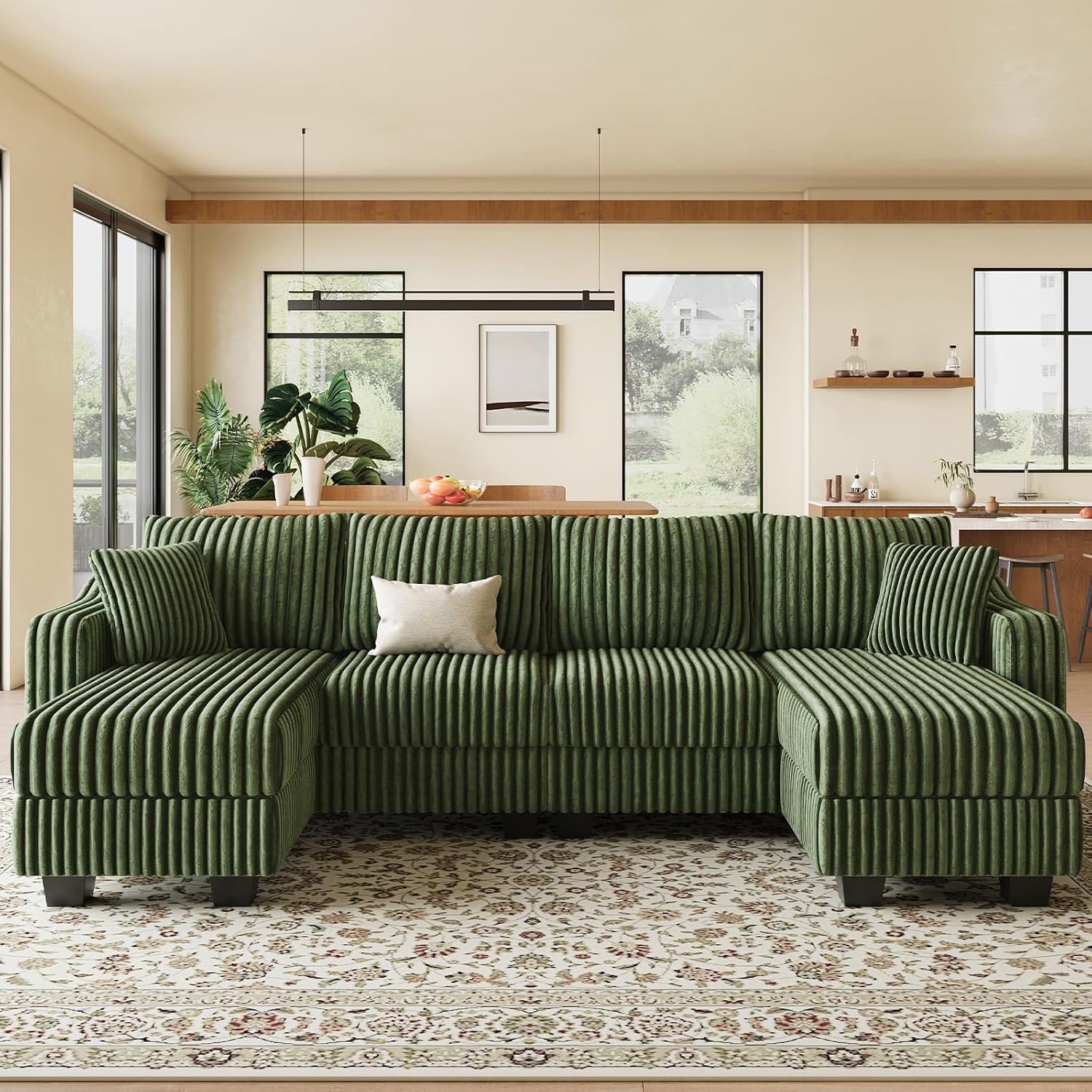 Belffin U Shaped Couch with Reversible Chaises Sectional Couches for Living Room Sectional Couch with Ottomans Corduroy (Green, U Shaped)