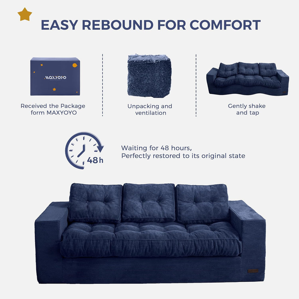 MAXYOYO 3 Seater Couch for Living Room, Boneless Couch with Tufted Cushion & Backrest, Upholstered Floor Sofa, Sofa in A Box, Navy