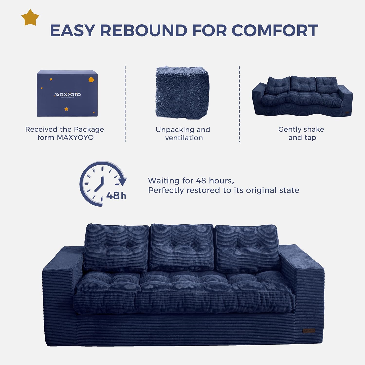 MAXYOYO 3 Seater Couch for Living Room, Boneless Couch with Tufted Cushion & Backrest, Upholstered Floor Sofa, Sofa in A Box, Navy