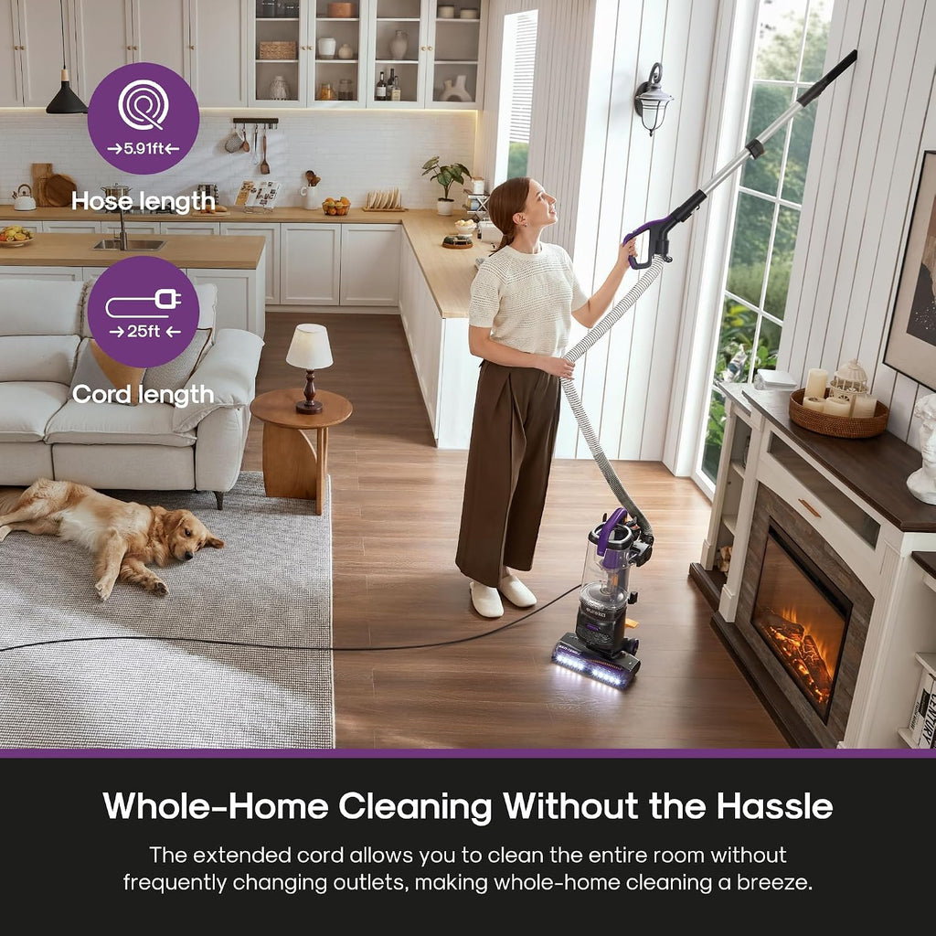 Eureka FlexReach Powerful Upright Vacuum Cleaner for Carpet and Hard Floor, Lift-Up Vacuum with Large Dust Cup, Anti-Tangle, NEU651PL, Purple