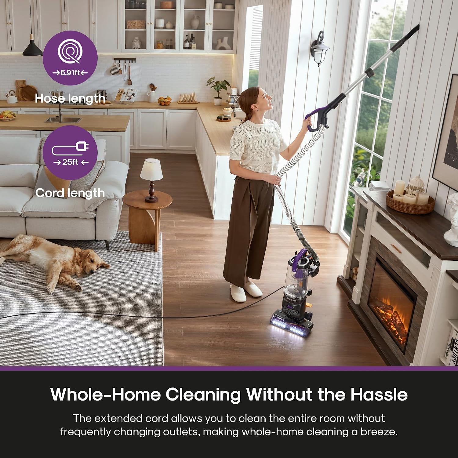 Eureka FlexReach Powerful Upright Vacuum Cleaner for Carpet and Hard Floor, Lift-Up Vacuum with Large Dust Cup, Anti-Tangle, NEU651PL, Purple