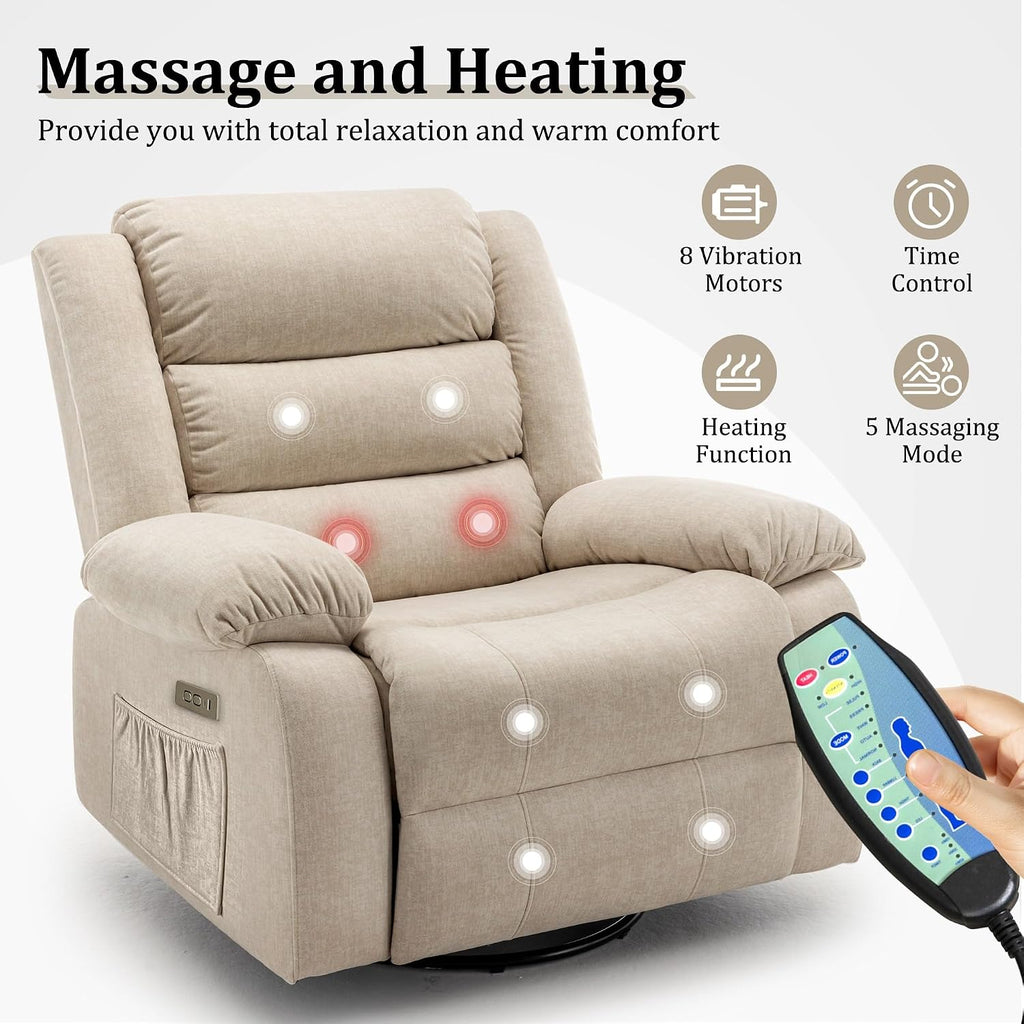 Korser Power Recliner Chair, Electric Rocker Recliner with Massage and Heat, 270° Swivel Glider, Oversized Wide Seat with USB Port, Cashmere Nursery Chair for Living Room, Khaki