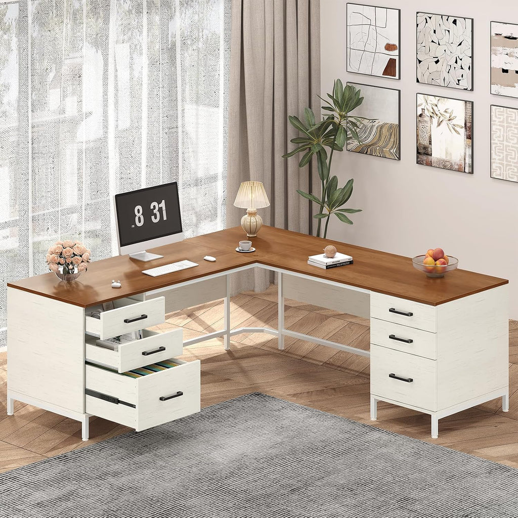 TVU 59'' L Shaped Desk with 6 Wood Drawers, Large Home Office Corner Computer Desk with Storage File Cabinet, Modern Metal Wood Desk for Executive Writing Study Workstation