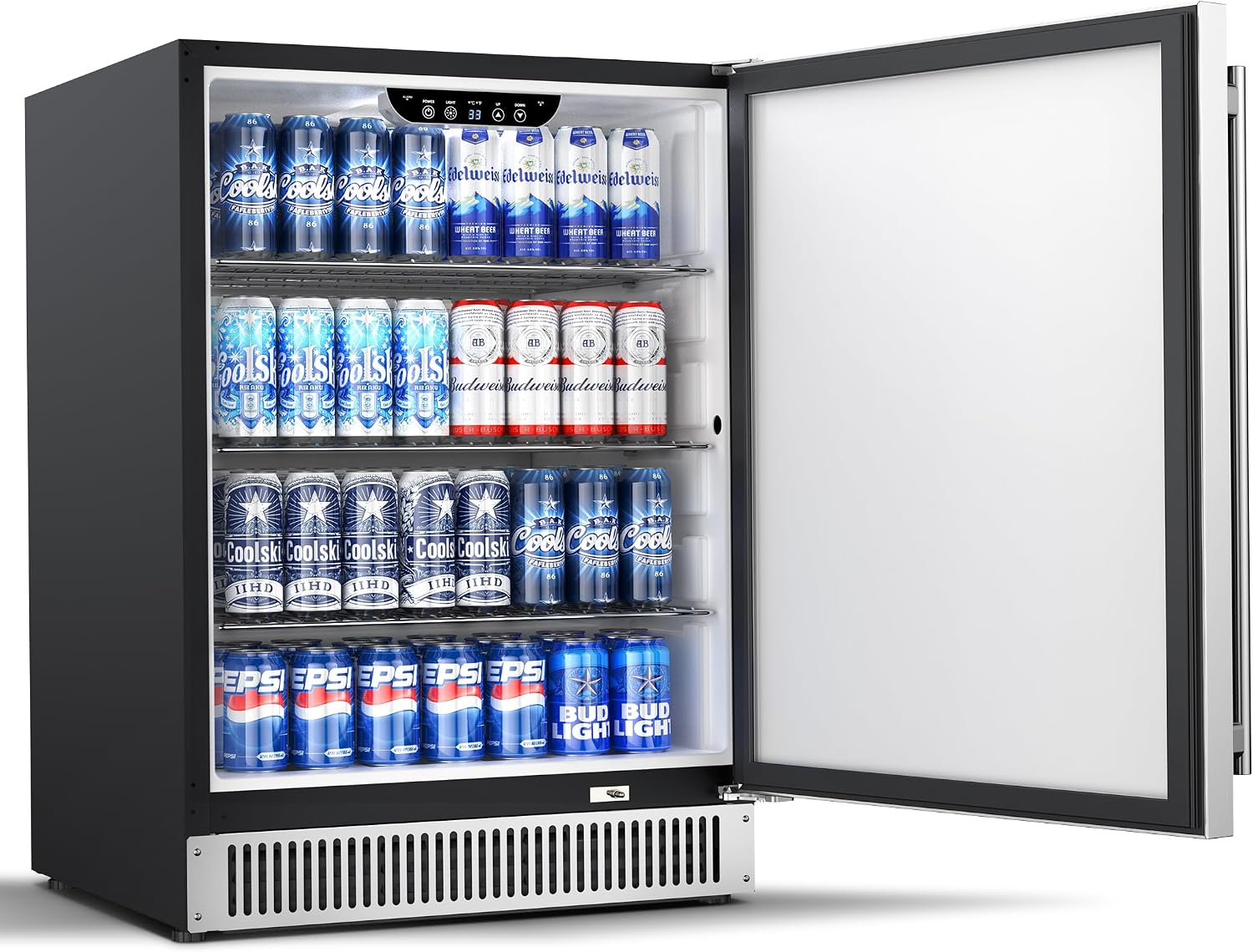Coolski 24 Inch Beverage Refrigerator Cooler Under Counter, 180 Cans Outdoor Refrigerator for Patio, Built-In or Freestanding Fridge with Stainless Steel Door for Home Bar Kitchen, ETL, NSF Approved