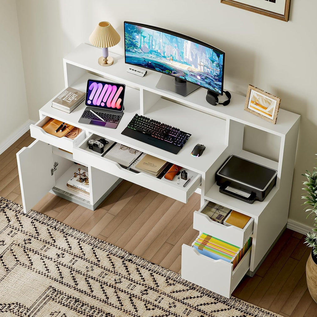 MaverickFurni Computer Desk with 4 Drawer & Storage Shelves, 58' White Office Desk with File Drawer & Cabinet, Small Study Desk with Monitor Stand & Printer Shelf for Bedroom, Small Spaces, White