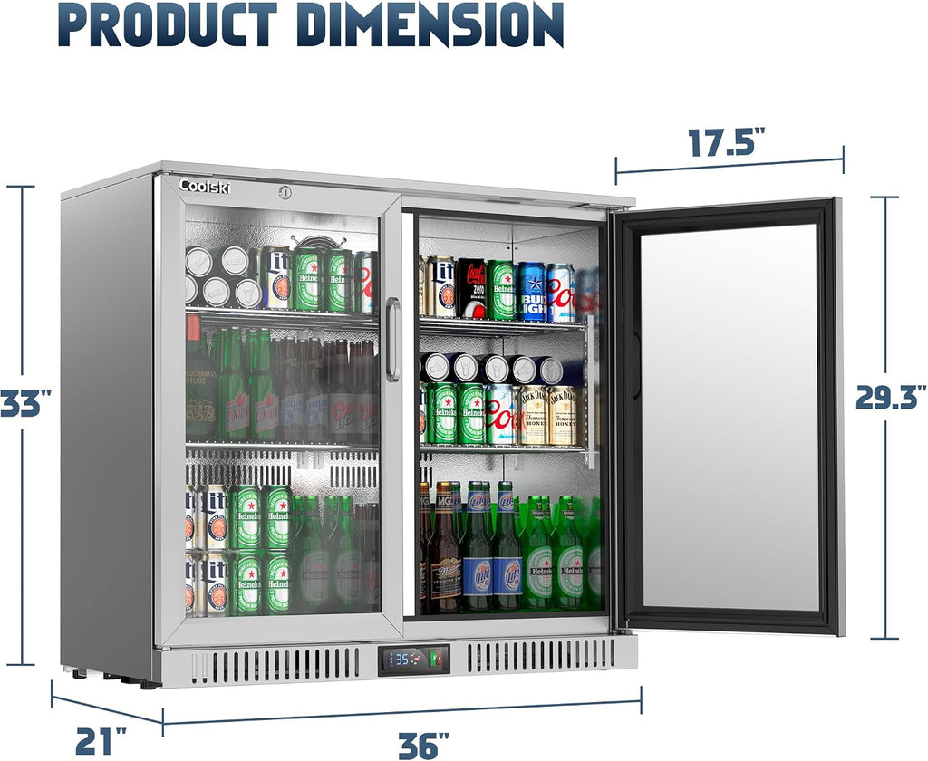 Coolski 36 Inch Back Bar Cooler, Under Counter Beverage Refrigerator with Glass Doors, Commercial Counter Height Display Fridge for Beer Soda, 7.4 Cu.Ft. Capacity/LED Lighting/ETL NSF Approved