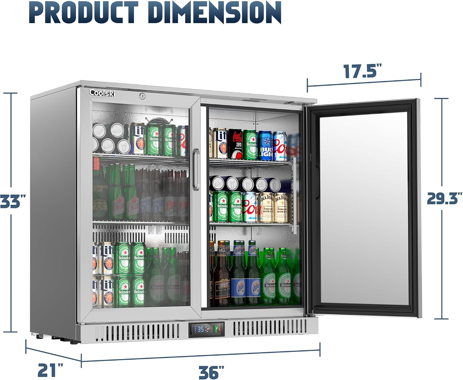 Coolski 36 Inch Back Bar Cooler, Under Counter Beverage Refrigerator with Glass Doors, Commercial Counter Height Display Fridge for Beer Soda, 7.4 Cu.Ft. Capacity/LED Lighting/ETL NSF Approved