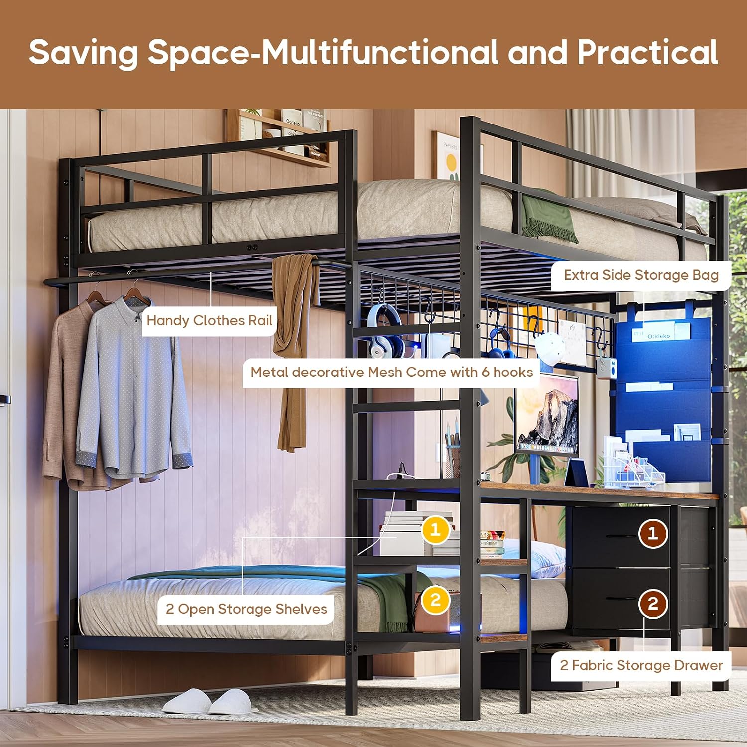 DICTAC Full Over Twin Bunk Bed with Desk and Charging Station Metal Full Over Twin Size Bunk Bed with Led Lights,Storage Shelves and Drawers,Bunk Beds for Teen/Adult with Safety Guard & Stairs,Black