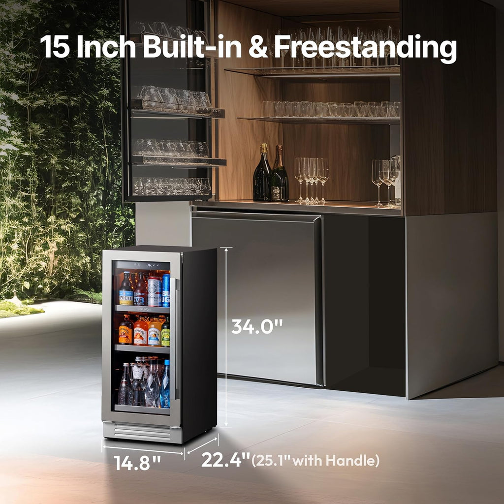 Ca'Lefort Beverage Refrigerator 15 Inch, 100 Cans Mini Fridge with Double Glass Door, Built-in or Freestanding Drink Cooler with Amber LED Light, Beverage Fridge for Kitchen Bar Office(Left-Hinged)