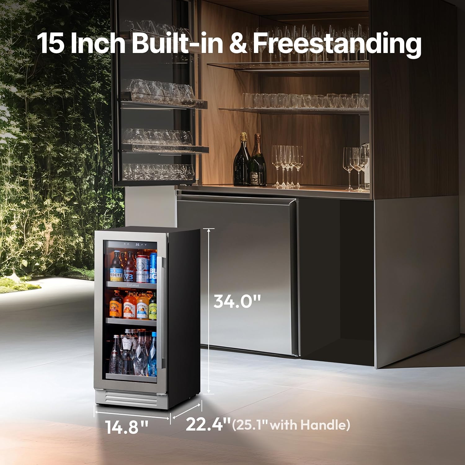 Ca'Lefort Beverage Refrigerator 15 Inch, 100 Cans Mini Fridge with Double Glass Door, Built-in or Freestanding Drink Cooler with Amber LED Light, Beverage Fridge for Kitchen Bar Office(Left-Hinged)