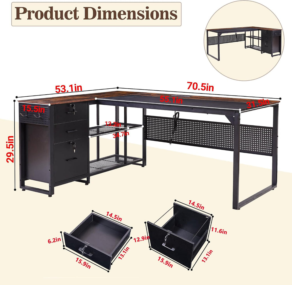 70 Inch Reversible L Shaped Desk with Drawers,Executive Desk with Power Outlet, Lockable File Drawer and Storage Shelves,L Shaped Office Desk with Pegboard,Large Corner Desk for Home Office (70.5')