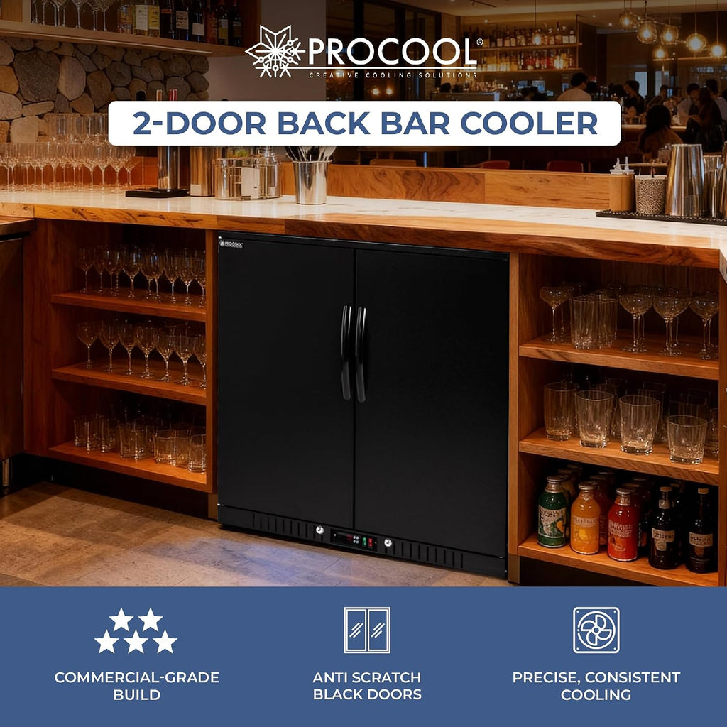 Procool 2-Door Counter Height Beverage Refrigerator - 36' Wide Energy Efficient Black Bar Fridge With LED Lighting - Commercial Back Bar Cooler