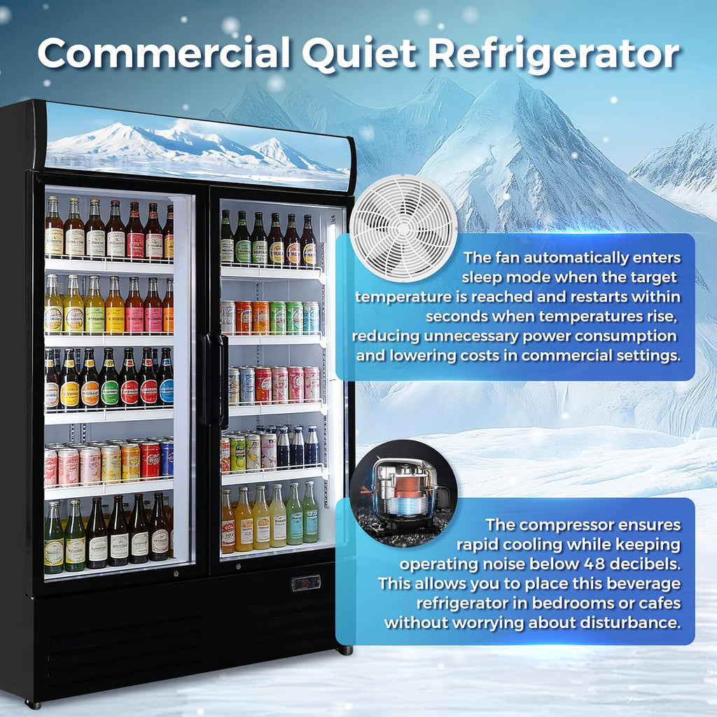 36 Cu Ft Commercial Beverage Refrigerator with 2 Glass Doors - Drink Cooler Merchandiser with LED Light Display, 8 Adjustable Shelves, ETL Approved for Business & Retail, Black