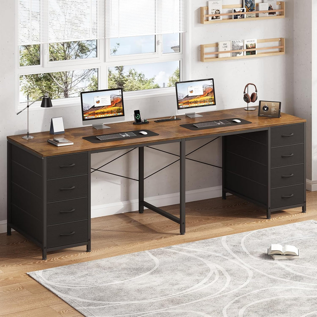 TVU 2 Person Desk with 8 Drawers, Large Home Office Computer Desk with Power Outlets, 78 Inch Long Double Desks for Two People, Rustic Brown