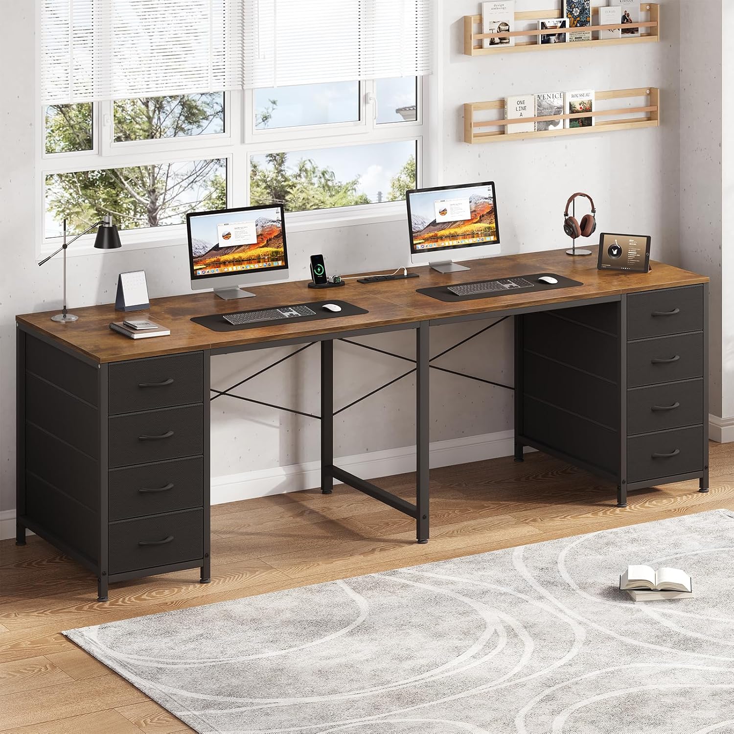 TVU 2 Person Desk with 8 Drawers, Large Home Office Computer Desk with Power Outlets, 78 Inch Long Double Desks for Two People, Rustic Brown