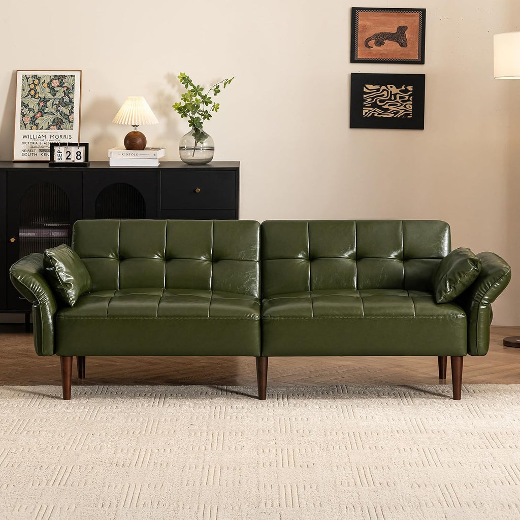 HALLYBEE Futon Sofa Bed, Sleeper Sofa, Small Couch with Storage Adjustable Armrests Pillows, Faux Leather Loveseat, Mid Century Modern Couches for Living Room, Bedroom, Apartment, Olive Green