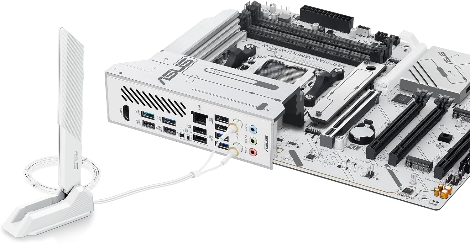 ASUS X870 MAX GAMING WIFI7 W AMD AM5 ATX Motherboard, 8-layer White PCB, 12+2+1 80A DrMOS, DDR5, PCIe 5.0 x16 Q-Release, 3x M.2, Wi-Fi 7 Q-Antenna, USB4® Type-C®, 2.5Gb LAN, BIOS FlashBack™, Aura Sync
