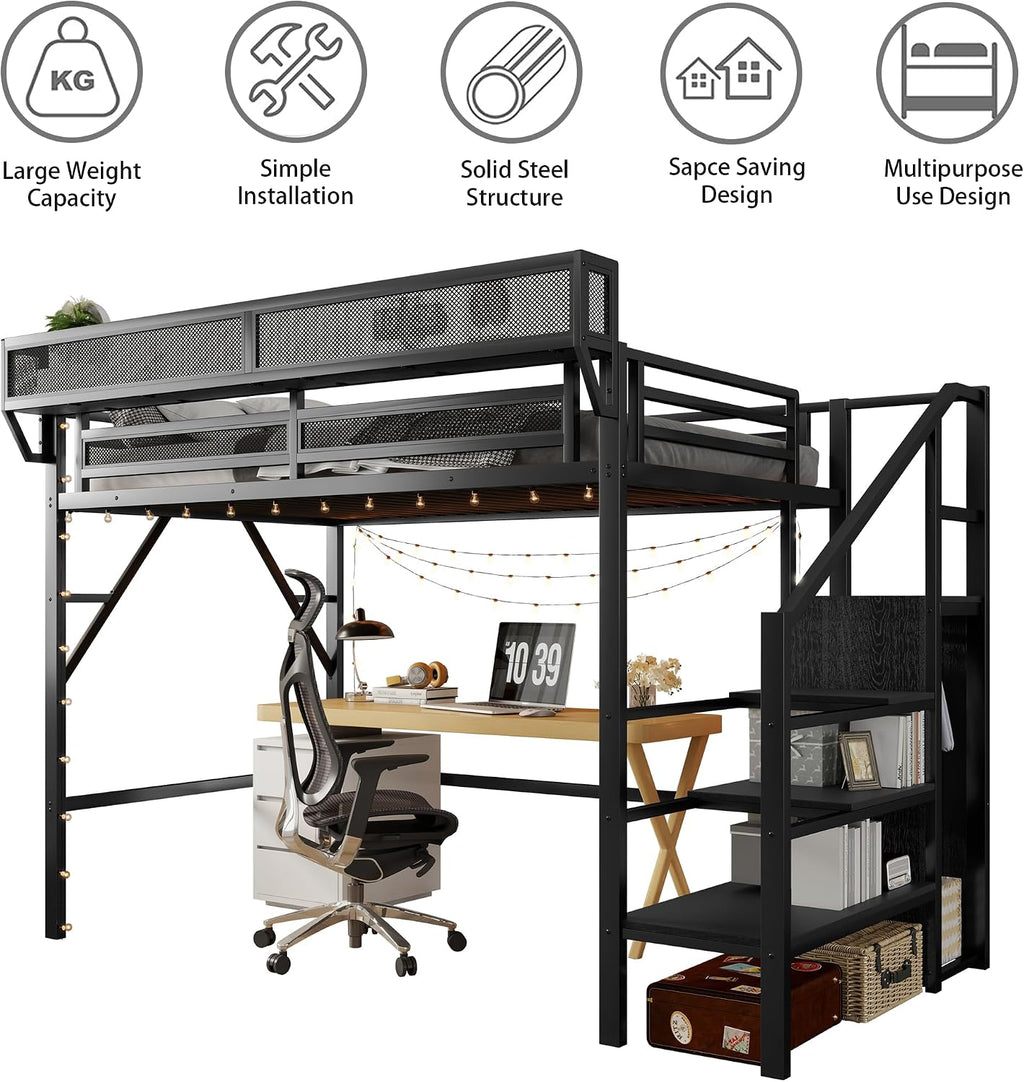 Twin XL Loft Bed with Stairs, Metal Loft Beds Frame with Storage Shelves and Wardrobe, Heavy Duty High Lofted Bed for Kids Teens,Black + Black Stair