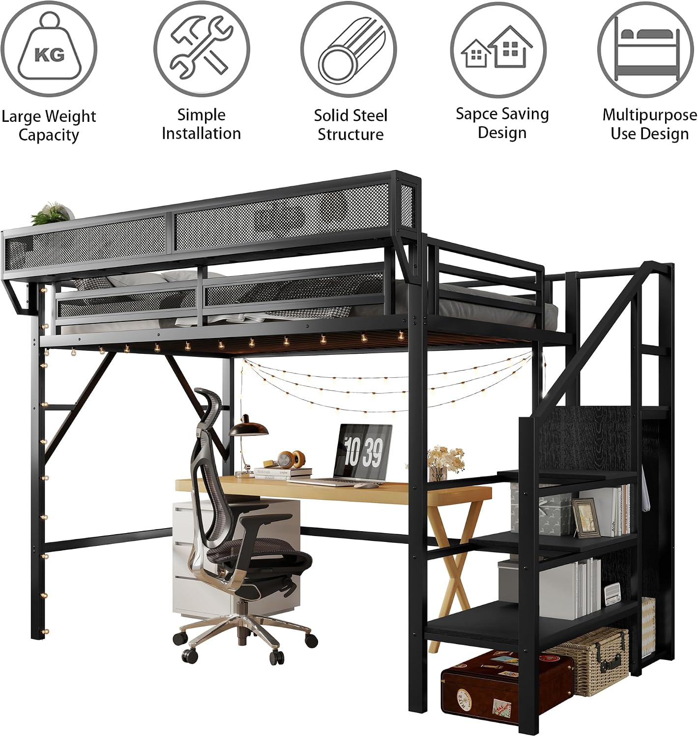 Twin XL Loft Bed with Stairs, Metal Loft Beds Frame with Storage Shelves and Wardrobe, Heavy Duty High Lofted Bed for Kids Teens,Black + Black Stair