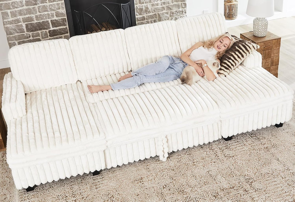 Belffin Modular Sectional Sleeper Sofa with Pull Out Couch Bed Corduroy Double Chaise with Storage Beige Couch