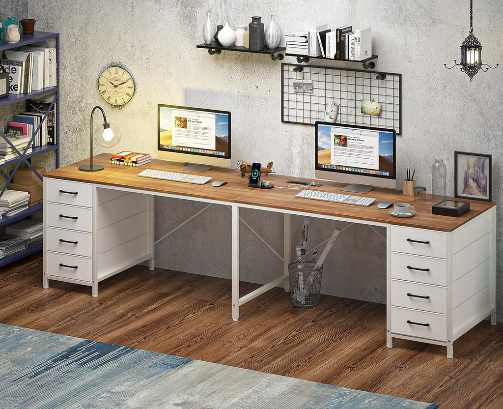 TVU 95' 2 Person Desk with 8 Fabric Drawers, Long Computer Desk Home Office Desk with Storage, Two Person Double Desks with Power Outlets, Brown and White