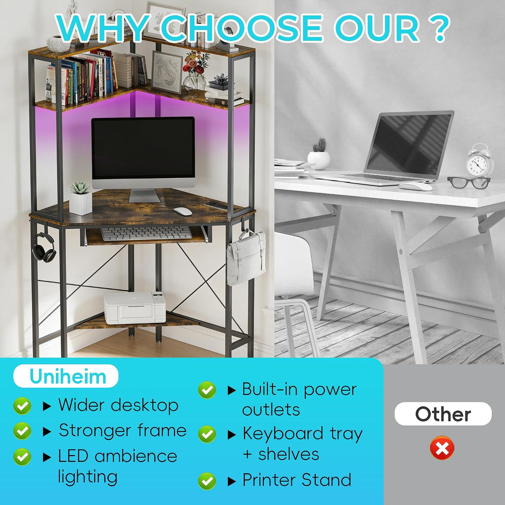 Corner Desk with Hutch and LED Lights, Corner Computer Desk with Keyboard Tray and Monitor Stand, Small Computer Desk for Small Spaces, Home Office（Rustic Brown）