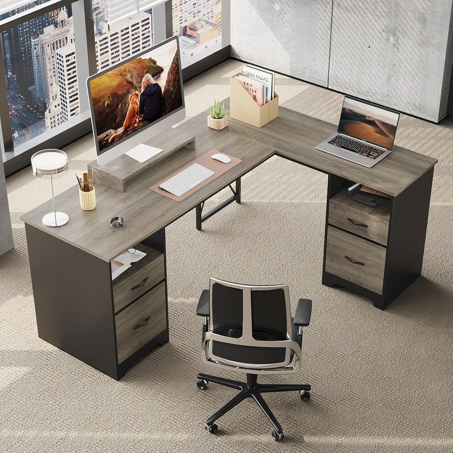 Bestier L Shaped Desk with 4 Drawers, 63' x 47' Executive Desk with Open Storage & Monitor Stand, Corner Desk with 2 File Drawers & Modesty Panel for Home Office, Gray