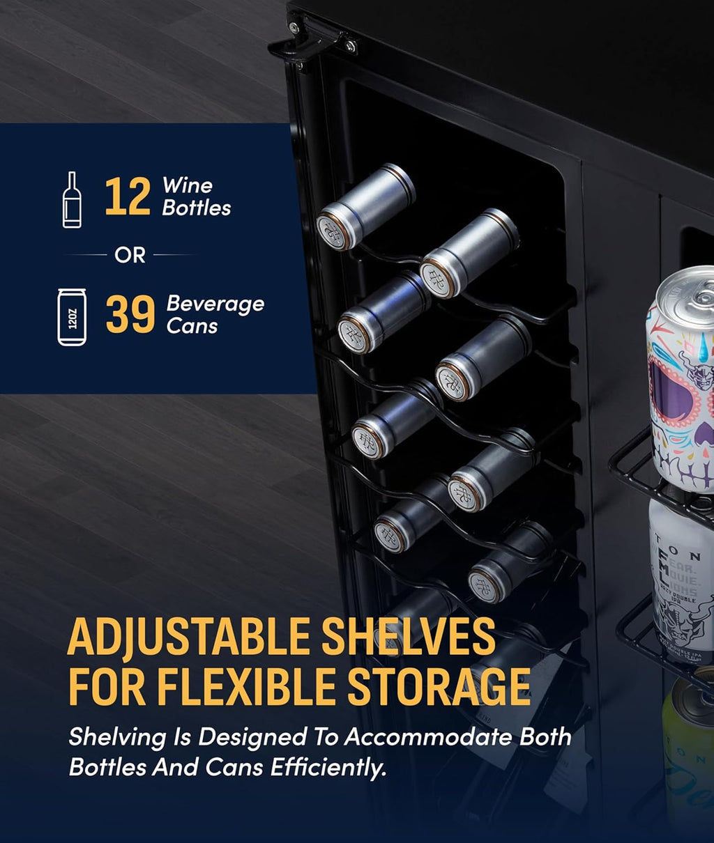 NewAir 20' Dual Zone Beverage Refrigerator & Wine Cooler for 12 Bottles & 39 Cans | Freestanding or Built-In Under Counter Mini Fridge for Beer, Wine and Soda | Black