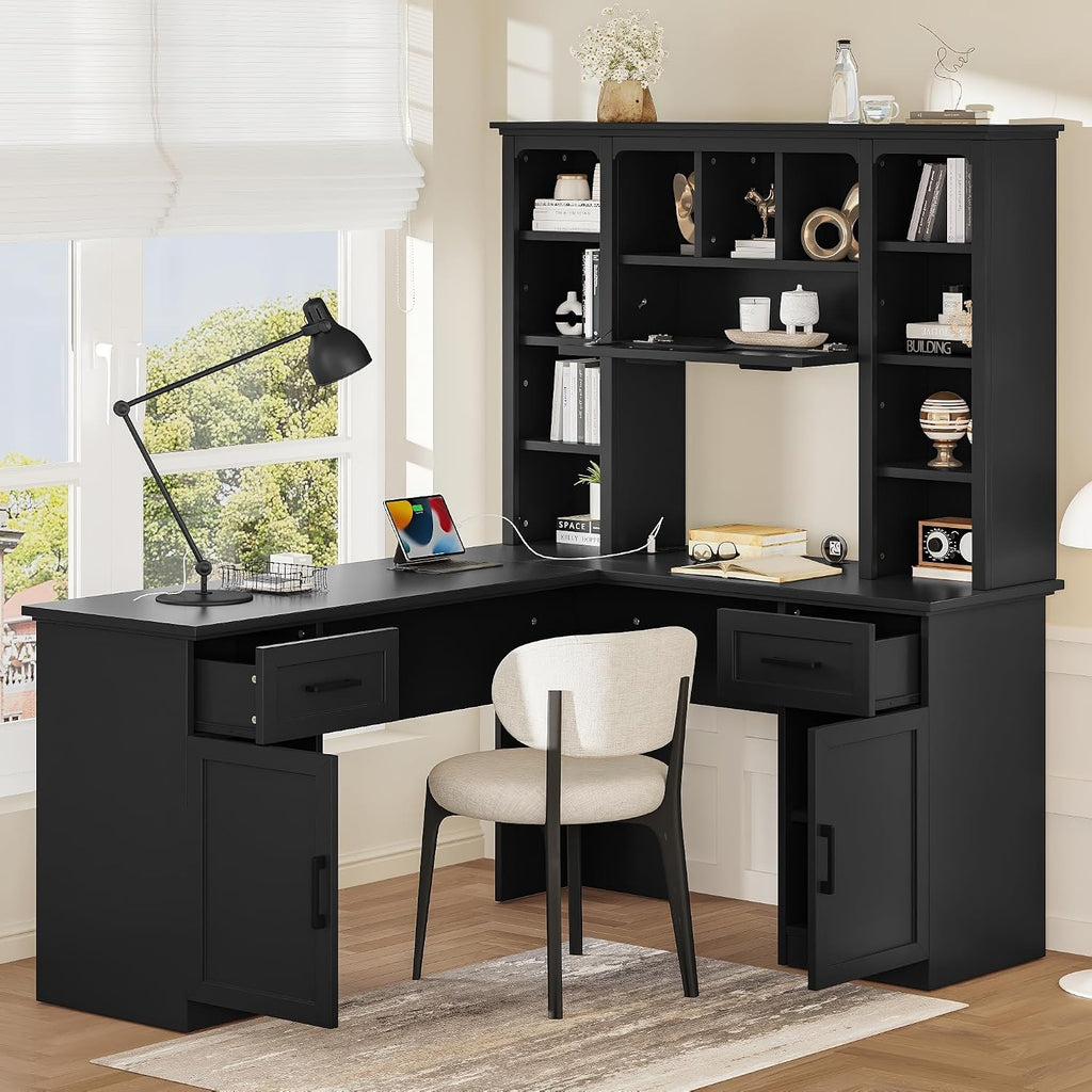 Bellemave L-Shaped Computer Desk with Drawers, Hutch and Bookshelf, Home Office Desk, Corner Gaming Computer Desk with Power Outlet, Study Table Writing Desk, Black