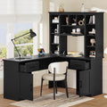 Bellemave L-Shaped Computer Desk with Drawers, Hutch and Bookshelf, Home Office Desk, Corner Gaming Computer Desk with Power Outlet, Study Table Writing Desk, Black