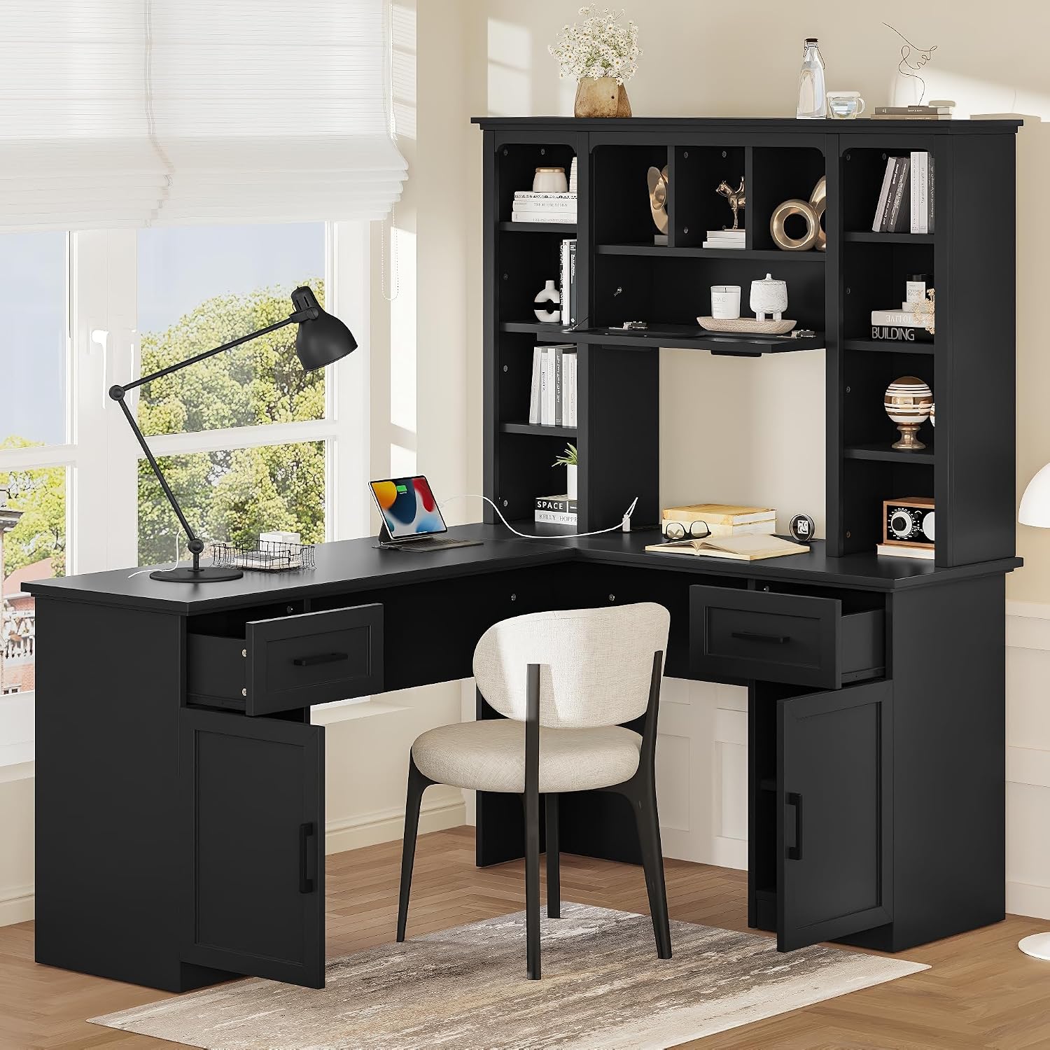 Bellemave L-Shaped Computer Desk with Drawers, Hutch and Bookshelf, Home Office Desk, Corner Gaming Computer Desk with Power Outlet, Study Table Writing Desk, Black