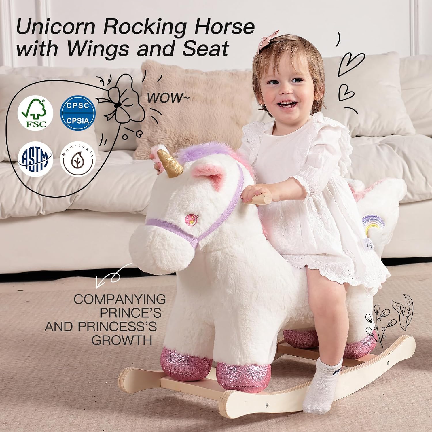Baby Rocking Horse,Unicorn Wooden Rocking Horse for Toddlers 1 Year Old Cute Pink Stuffed Plush Ride-on Rocking Animal for Baby Girls Nursery/Child Christmas or Birthday Gift
