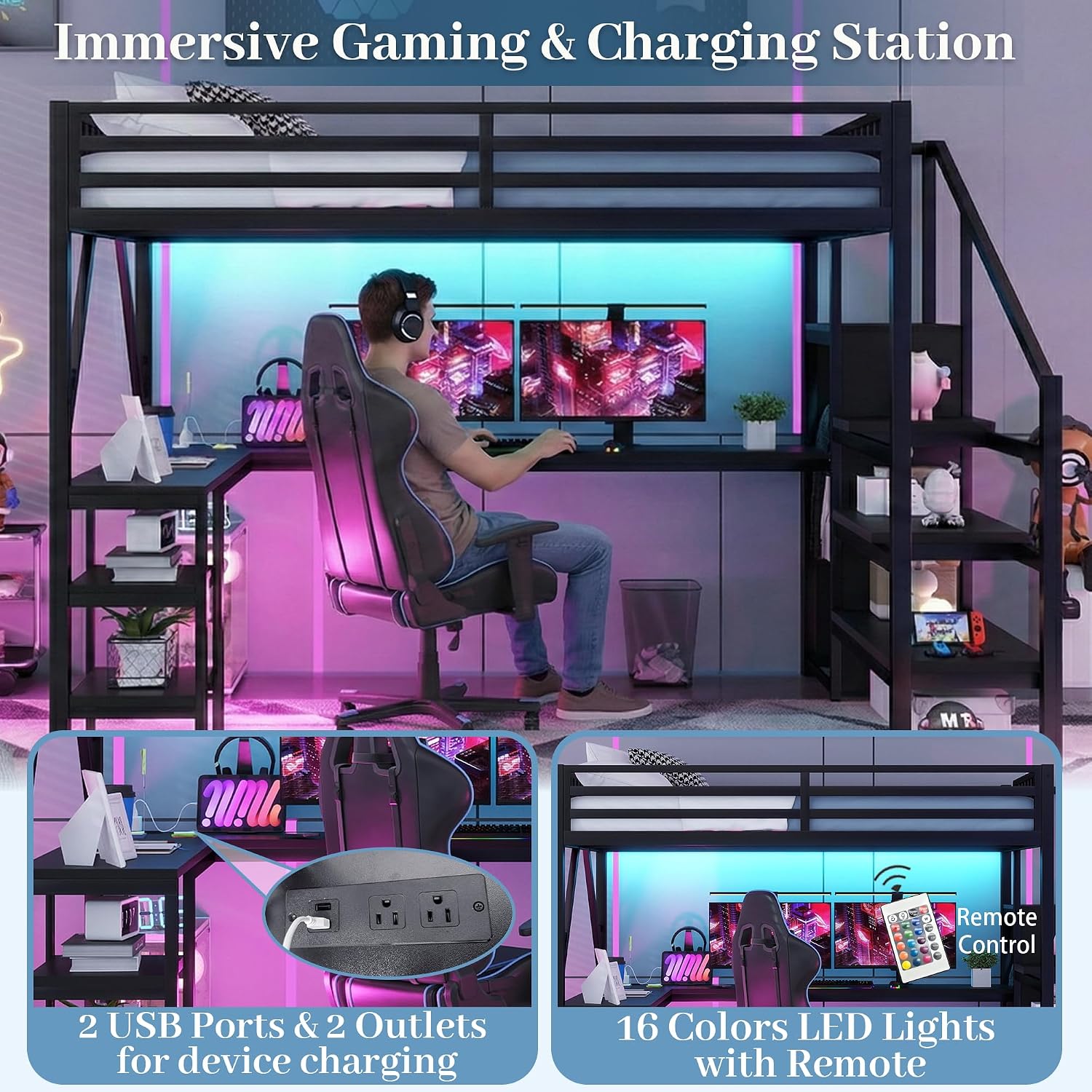 Queen Size Loft Bed with Desk & Stairs, Metal Loft Bed Frame with Storage Shelves, Charging Station & LED Light, Gaming Loft Beds with Wardrobe for Kids Teens Adults, Black