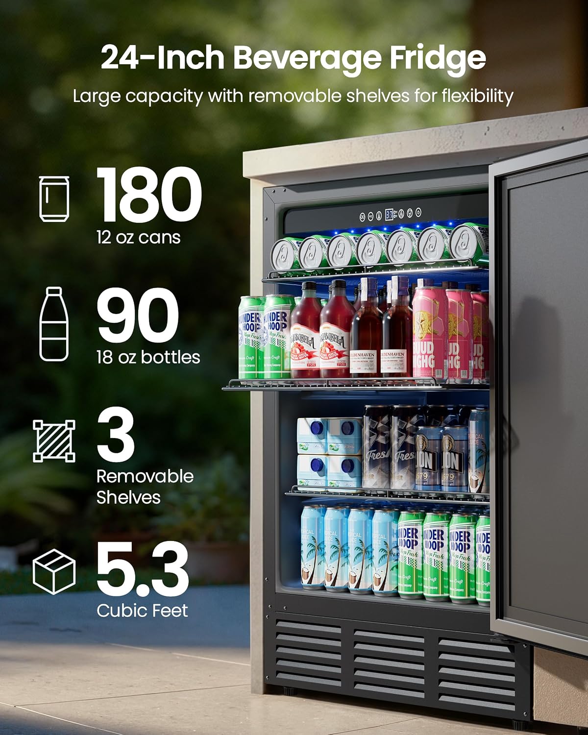 24 Inch Beverage Refrigerator, 180 Can Under Counter Fridge, Stainless Steel Beer Fridge for Built-in & Freestanding, Outdoor Refrigerator for Soda, Beer, Wine (Black)
