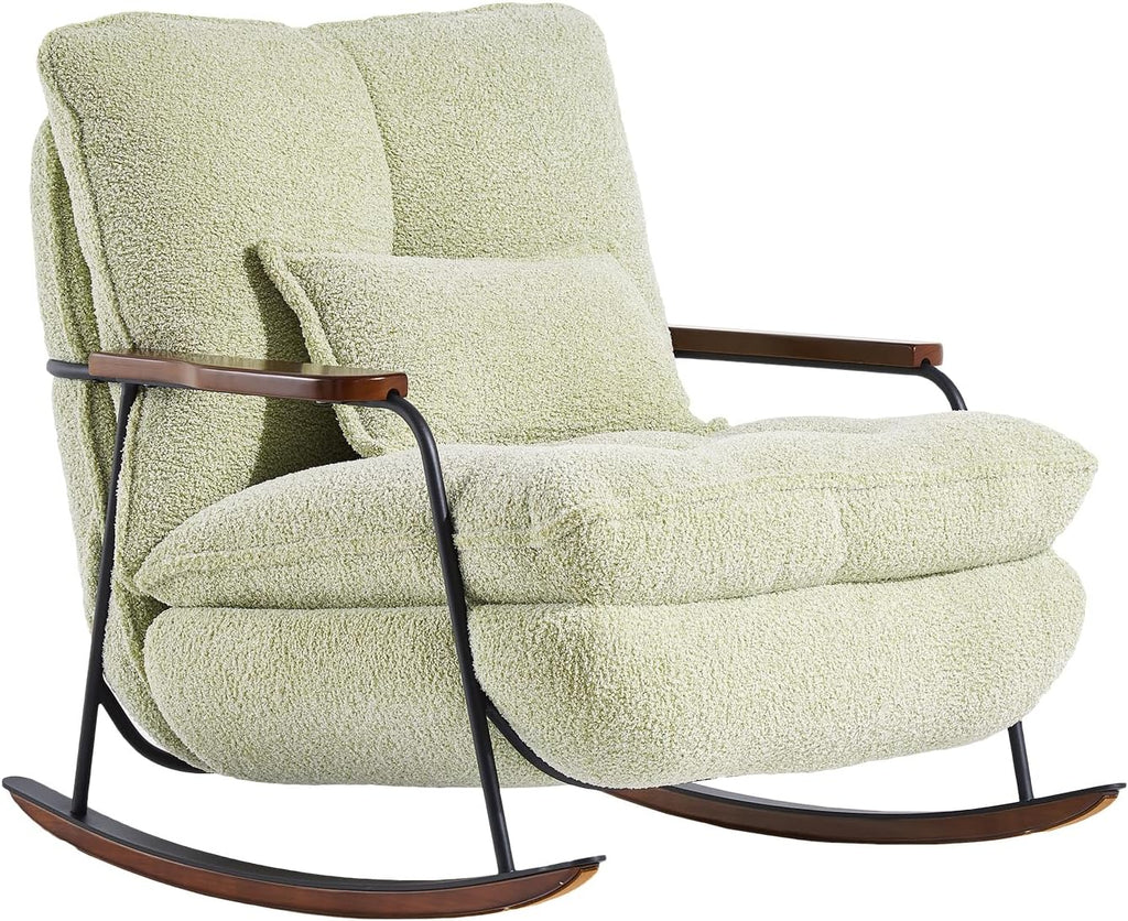 zyz Nursery Rocking Chair with Pillow, Teddy Upholstered Oversized Accent Chair Rocker Recliner, Solid Wood Frame, DIY Ottoman Footrest, Lazy Sofa for Living Room Bedroom (Teddy, Light Green)