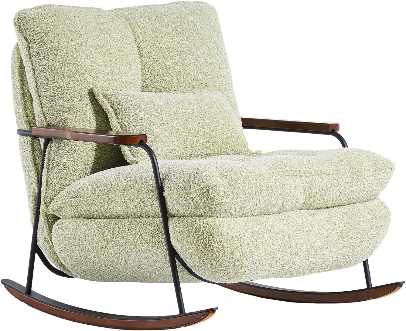 zyz Nursery Rocking Chair with Pillow, Teddy Upholstered Oversized Accent Chair Rocker Recliner, Solid Wood Frame, DIY Ottoman Footrest, Lazy Sofa for Living Room Bedroom (Teddy, Light Green)