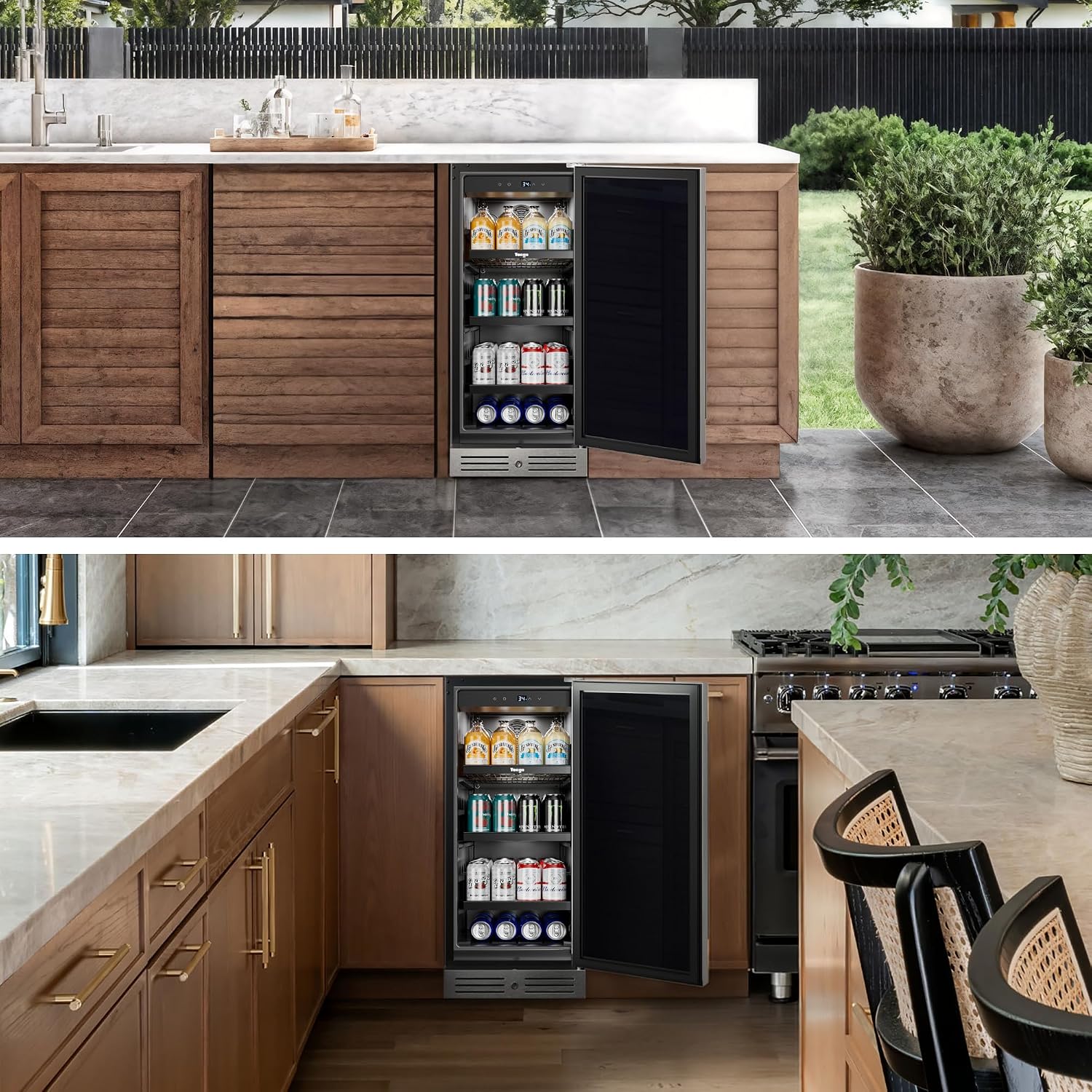 Yeego 15 Inch Beverage Refrigerator, 100-Can Beverage Cooler with Lock & Auto Defrost, Stainless Steel Indoor & Covered Outdoor Beverage Fridge, Freestanding or Under Counter for Beer, Soda & Wine
