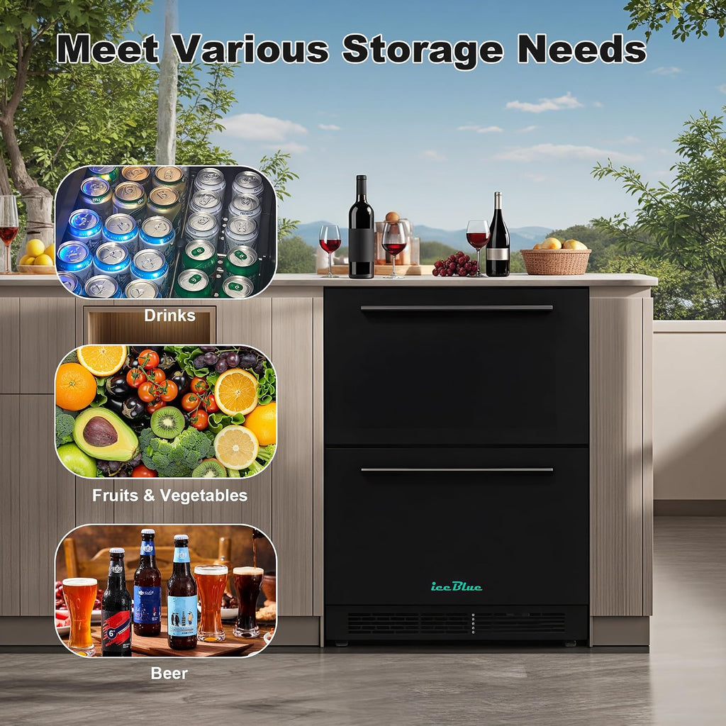 Iceblue Drawer Refrigerator, 24 Inch 5.12Cu.Ft Under Counter Drawer Fridge, Stainless Steel Freestanding Beverage Refrigerator, 34~50℉ Fast Cooling Wine Fridge for Home, Bar, Gift - Black
