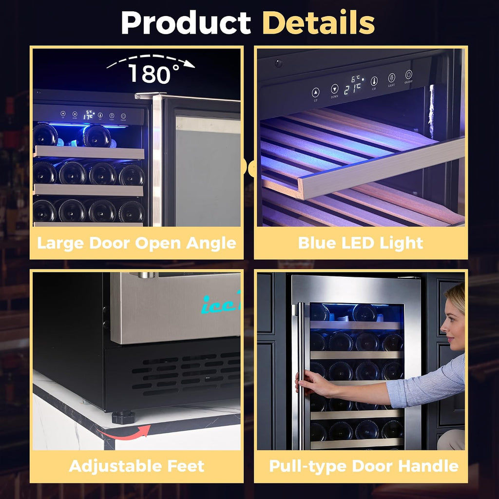 Iceblue Wine Fridge, 33 Bottles Wine Cooler Refrigerator, 41℉-72℉ Adjust Temperature Mini Fridge, Built-in Wine Refrigerator, Freestanding Beverage Refrigerator for Home, Office, Bar, Gift - Silver