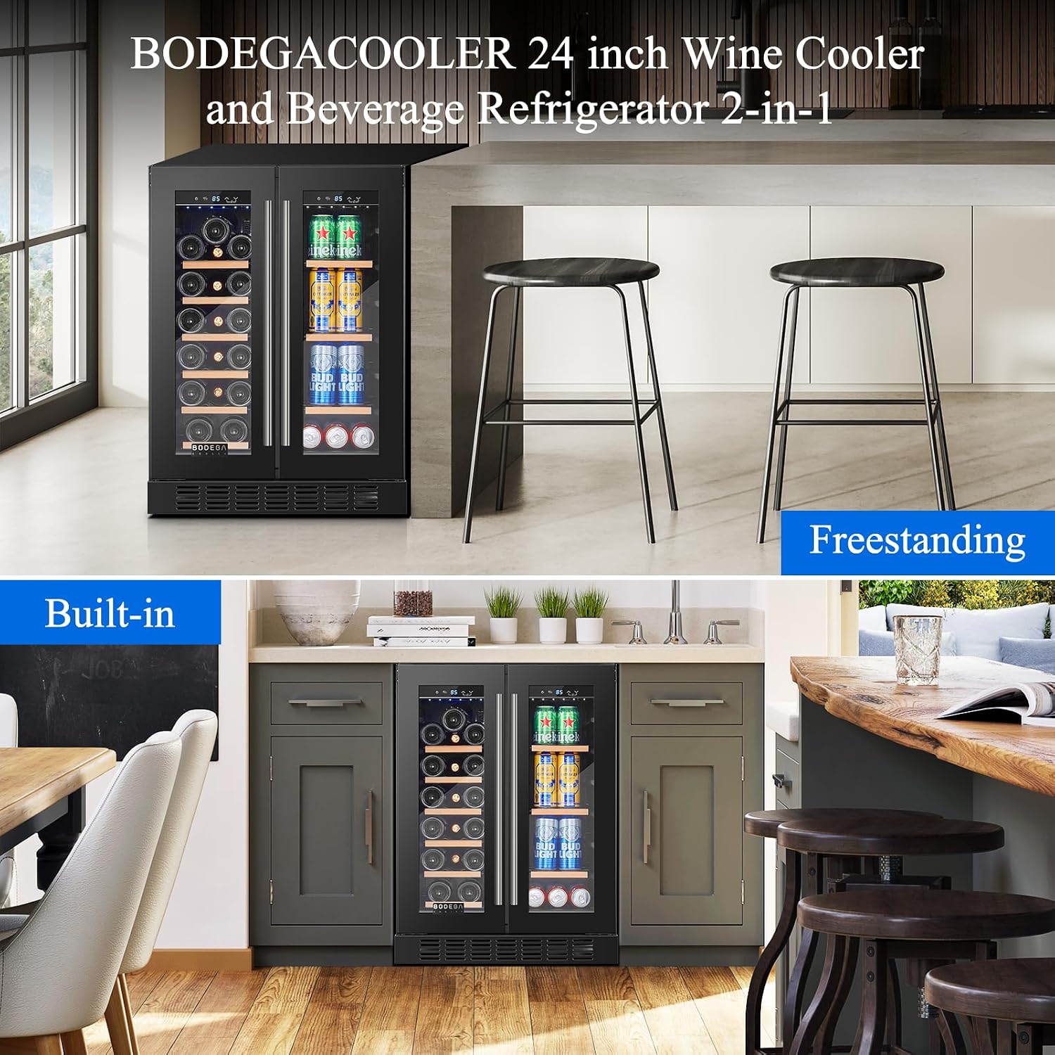 BODEGACOOLER 24 Inch Wine and Beverage Refrigerator Free Standing. Dual Zone Stainless Steel Wine Fridge under Counter, Drink Cooler for Beer, Soda, Champagne, Holds 41 Cans and 17 Bottles, Black