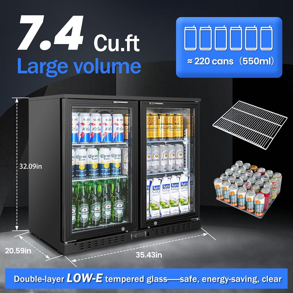 Back Bar Cooler with 2 Glass Doors Commercial Under Counter Beverage Refrigerator 7.4 Cu.ft. ETL Black Drink Fridges for Bar,Office,Convenience Stores