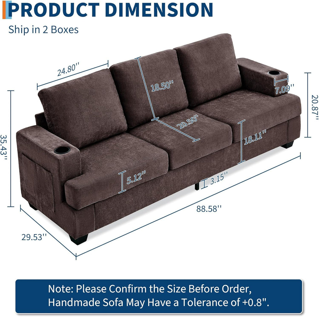 GarveeHome Modern 89 in 3-Seater Sofa for Living Room, Comfy Couches with Deep Seat, Chenille Couch with Cup Holders and Side Storage Pockets for Apartment Lounge, Brown