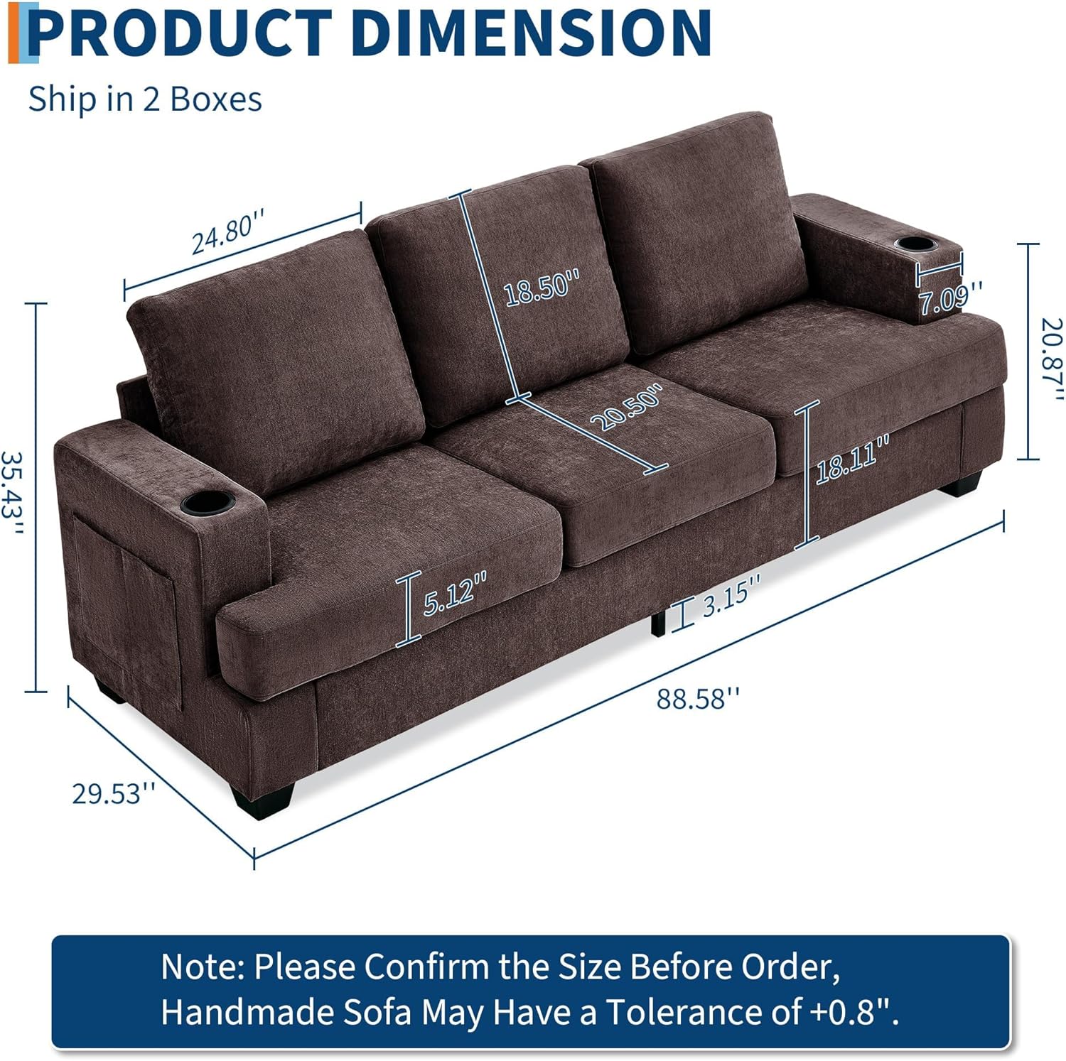 GarveeHome Modern 89 in 3-Seater Sofa for Living Room, Comfy Couches with Deep Seat, Chenille Couch with Cup Holders and Side Storage Pockets for Apartment Lounge, Brown