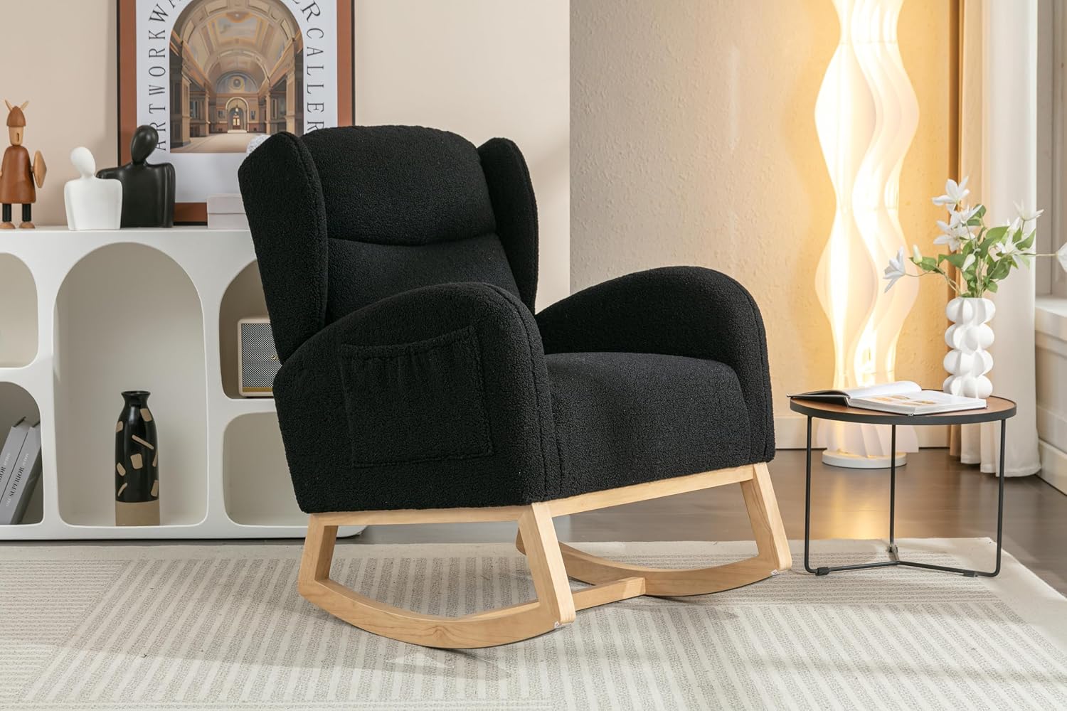 Nursery Glider Chair - Wingback Teddy Upholstered Rocking Chair with High Backrest, Ergonomic Rocker Chair for Breastfeeding & Baby Room, Modern Accent Armchair for Living Room & Bedroom, Black