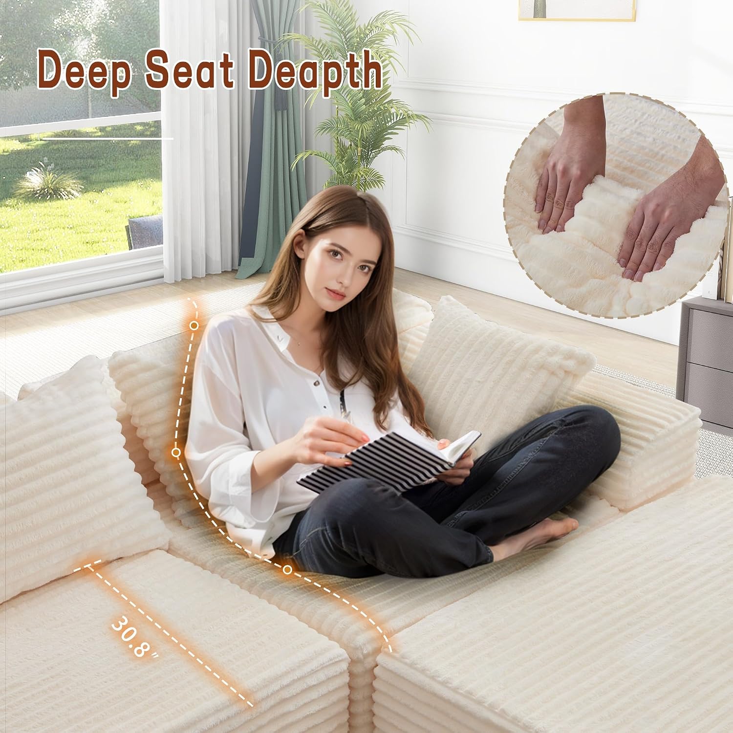 Korser 110' L-Shaped Modular Sectional Sofa with Chaise, Boneless Comfy Corduroy Fluffy Couch with Deep Seat and Side Pockets, Flexible Module Combination for Living Room, No Assembly, Side Pockets