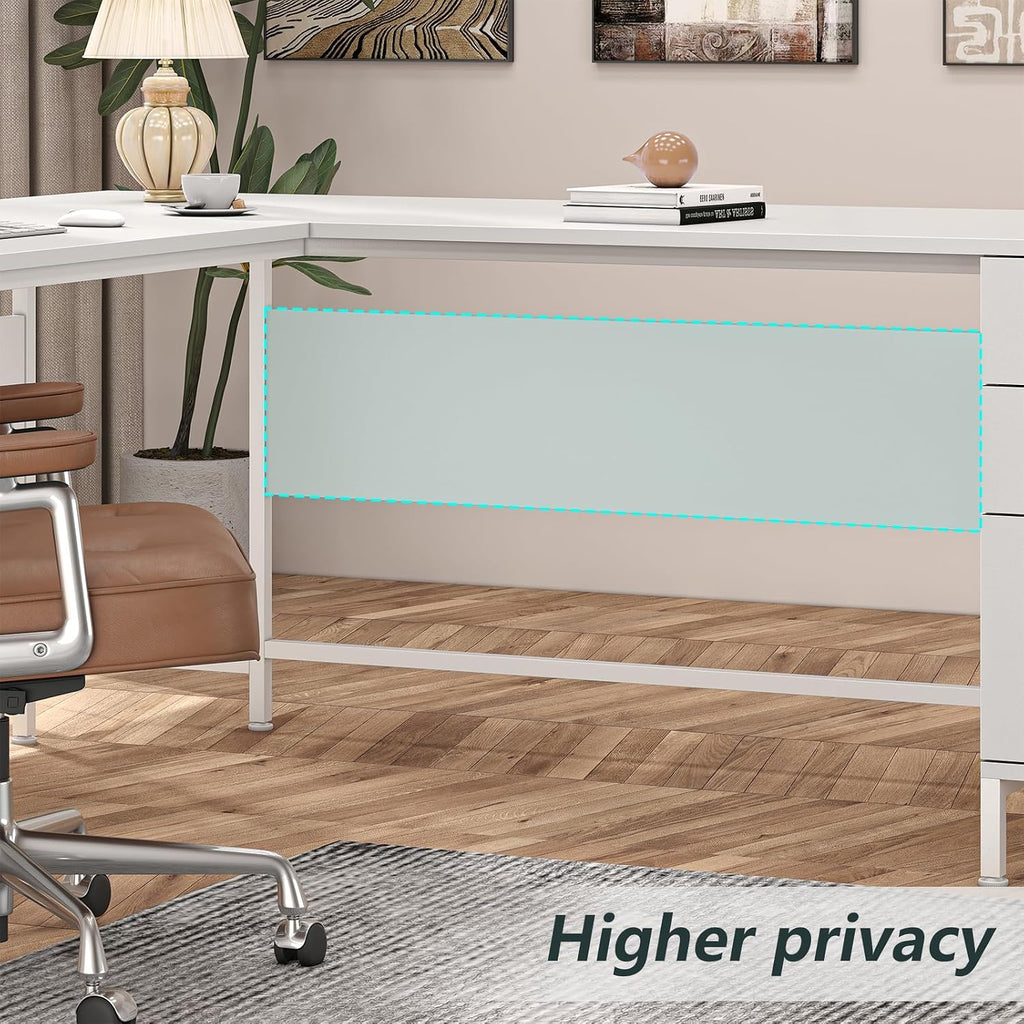 TVU 59'' L Shaped Desk with 6 Wooden Drawers, Large Home Office Corner Computer Desk with Storage File Cabinet, Modern Metal Wood Desk for Executive Writing Study Workstation, White