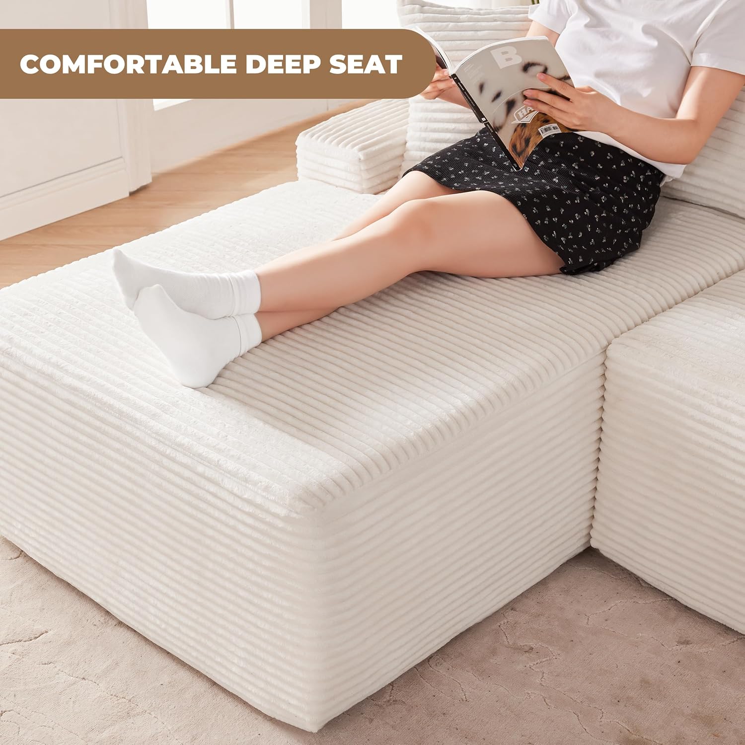 Mangodan Cloud Sectional Sofa, Boneless Couch for Living Room, Modular Sectional Sofa with Deep Seat, Fluffy Comfy Couch with L-Shaped Chaise, No Assembly Required, Beige