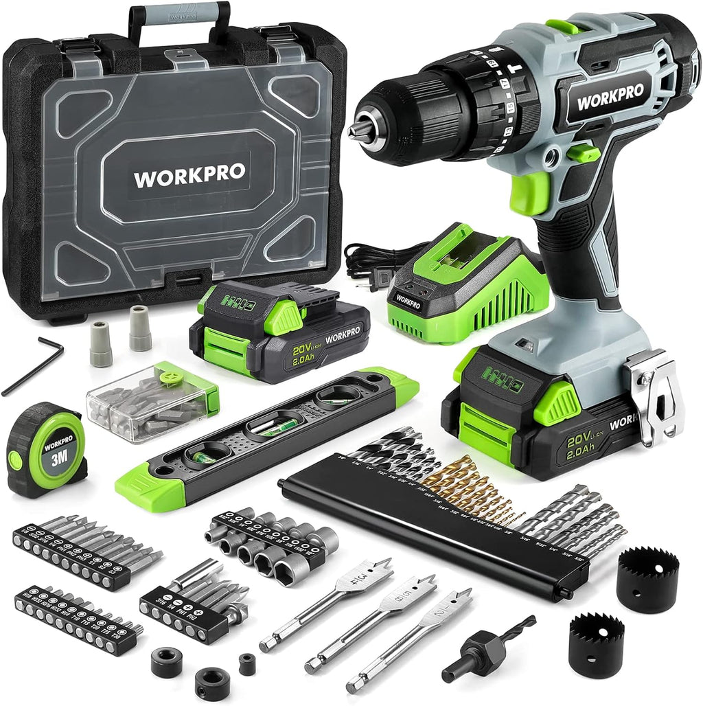 WORKPRO 20V Max Cordless Drill Driver Set, Electric Power Impact Drill Tool with 100 Pieces Accessories, 1/2'' Chuck Impact Drill Kit with Portable Case, 2 x 2.0Ah Li-ion Batteries with Fast Charger