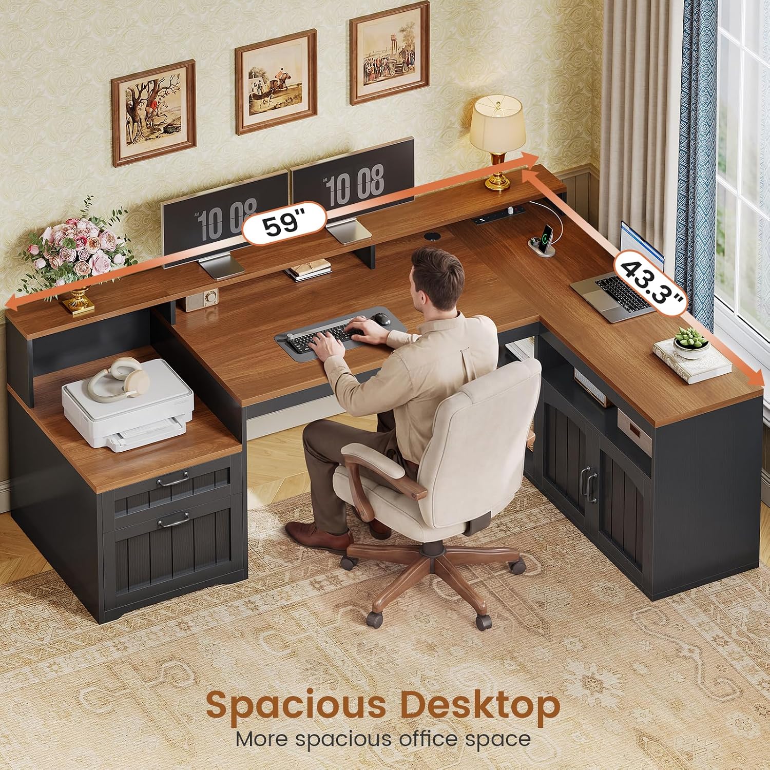 SEDETA 59' L Shaped Desk with Drawers, Farmhouse Corner Computer Desk, Wood Office Desk with File Drawers with Storage, Home Office Desks with Monitor Stand and Storage Cabinet, Brown and Black