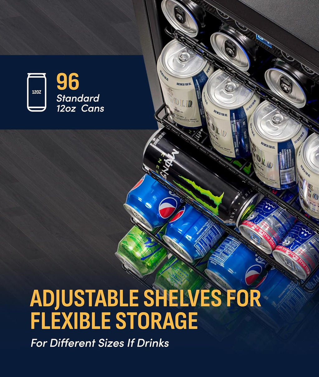 NewAir 96 Can Built-In Beverage Refrigerator | 15' Small Mini Fridge for Bedroom, Home Bar or Office | Quiet Cooling & Precise Temperature Control | Stainless Steel